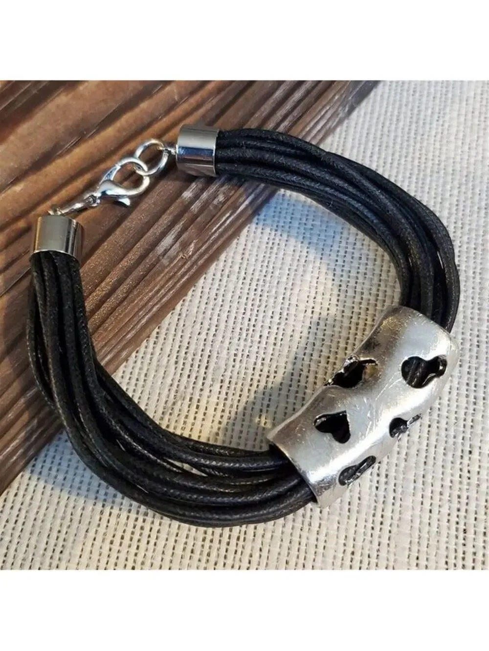 Avant Garde Silver Black Statement Bracelet Cutout Geometric Black Cotton